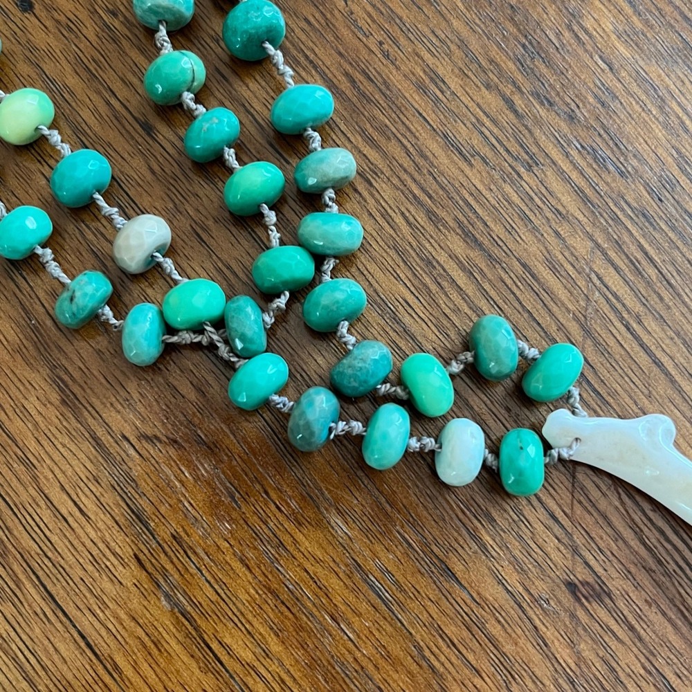 Long 46" Hand Knotted Gemstone Rondelle Necklace Carved Mother of Pearl Pendant - Picture 3 of 8